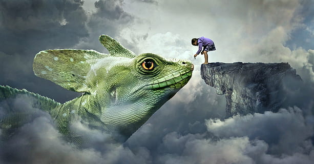 child standing on rock facing chameleon 3D wallpaper, fantasy HD wallpaper