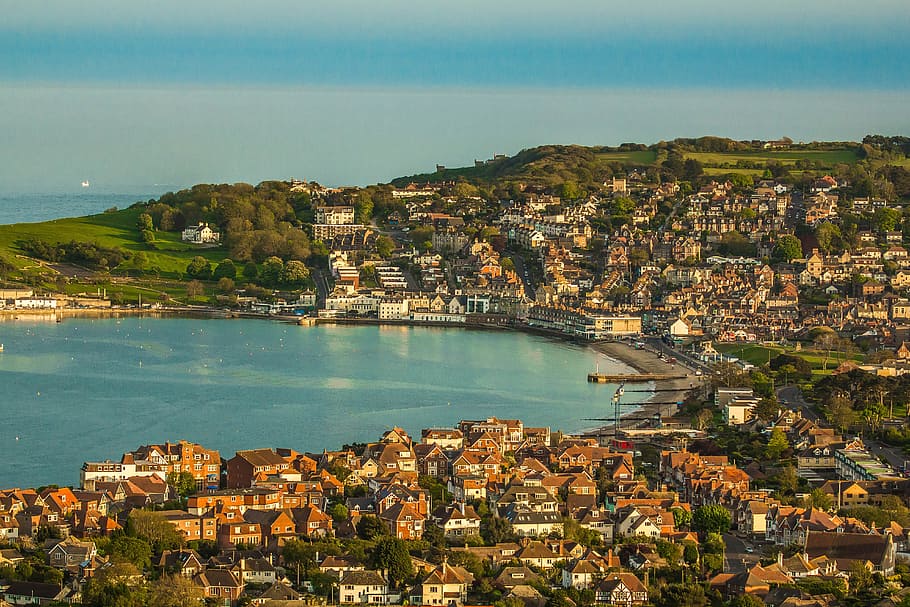 City, Country, Swanage, Dorset, Panorama, ocean, architecture, HD wallpaper