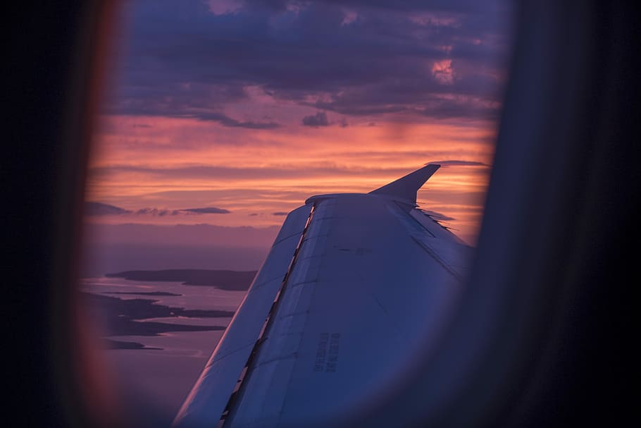 closeup photo of airplane wing, untitled, cloud, purple, orange HD wallpaper