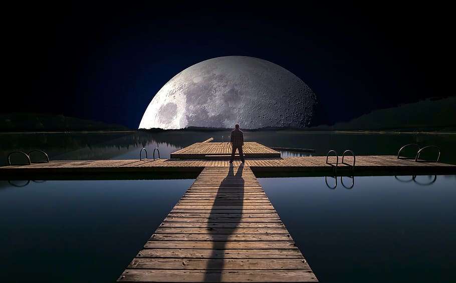 man standing on wooden dock at night, lake, web, full moon HD wallpaper