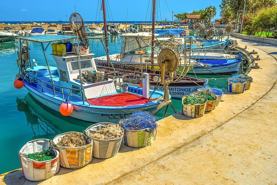 fishing harbor, boat, scenery, island, mediterranean, ayia triada, HD wallpaper