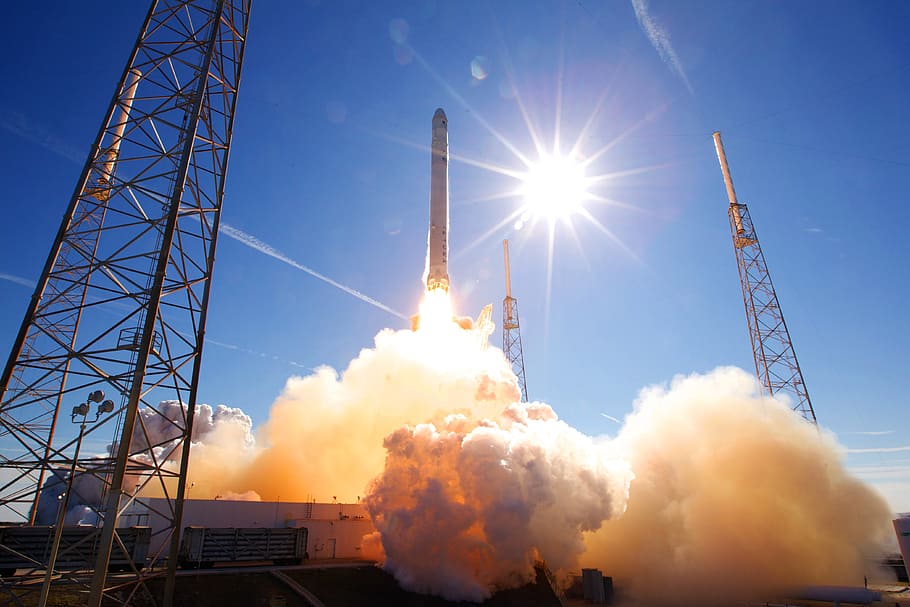 white rocket launching during daytime, spacex, lift-off, flames HD wallpaper