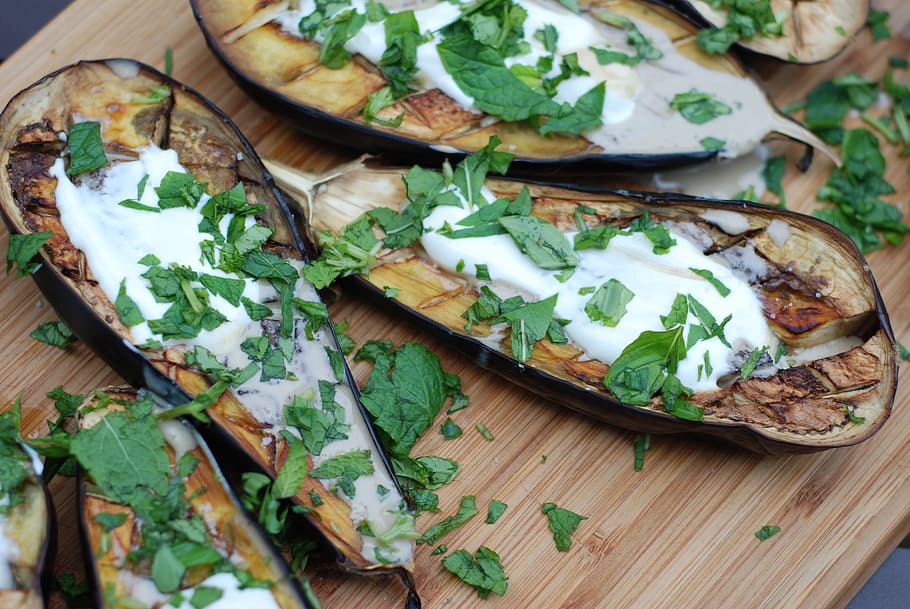 baked dish, eggplant, roasted, vegetable, yoghurt, tahini, herbs HD wallpaper