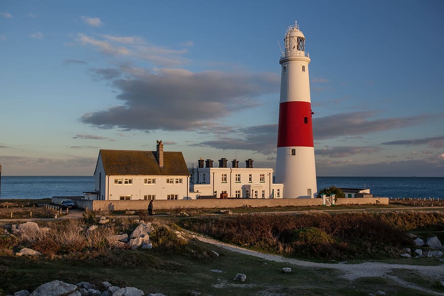 Lighthouse at Portland, Dorset, England, nature, clouds, coast