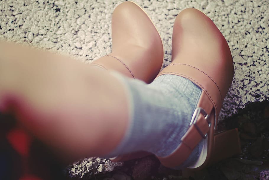 person wearing beige leather sling back pumps, shoe, human Leg HD wallpaper
