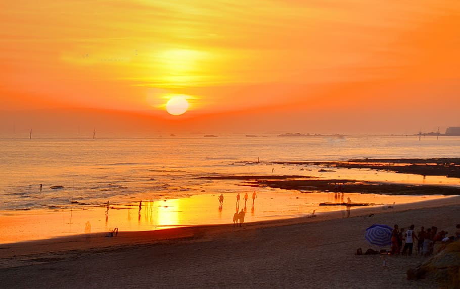 Sunset, Beach, Horizon, Sea, costa, orange, sky, summer, dusk HD wallpaper