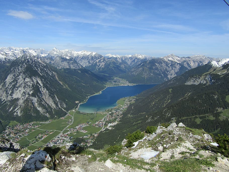 mountains, landscape, snow, alpine, nature, summit, lake, mountain peak HD wallpaper