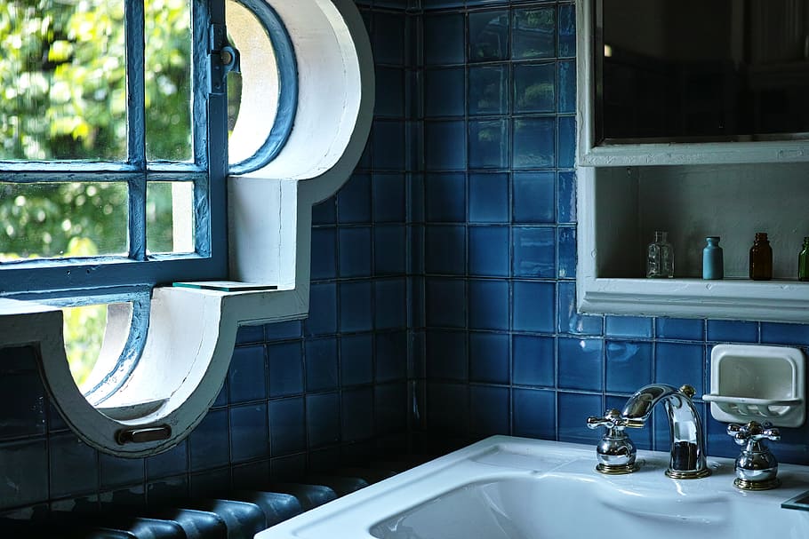 washroom, windows, blue, household equipment, domestic room HD wallpaper