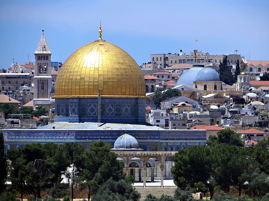 closeup photography of blue and gold Mosque, Jerusalem, Gold, Dome