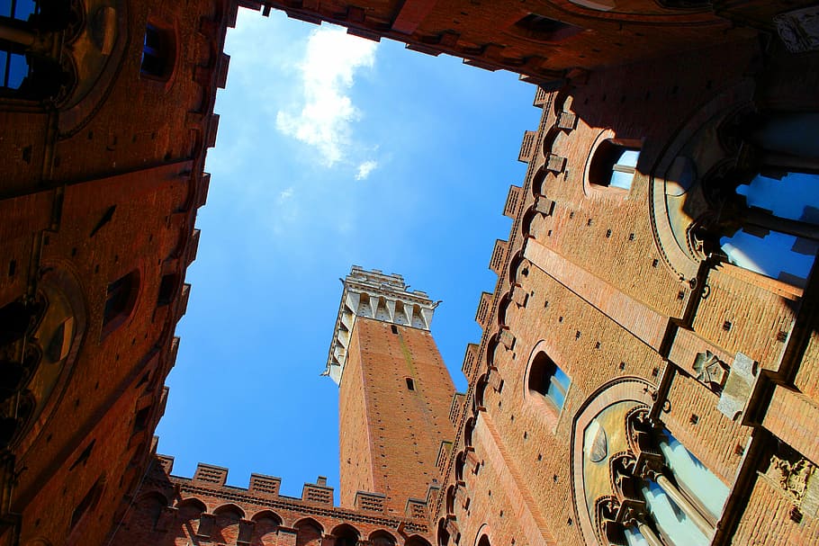 worm's eye view photography of brown concrete tower, siena, tuscany, HD wallpaper