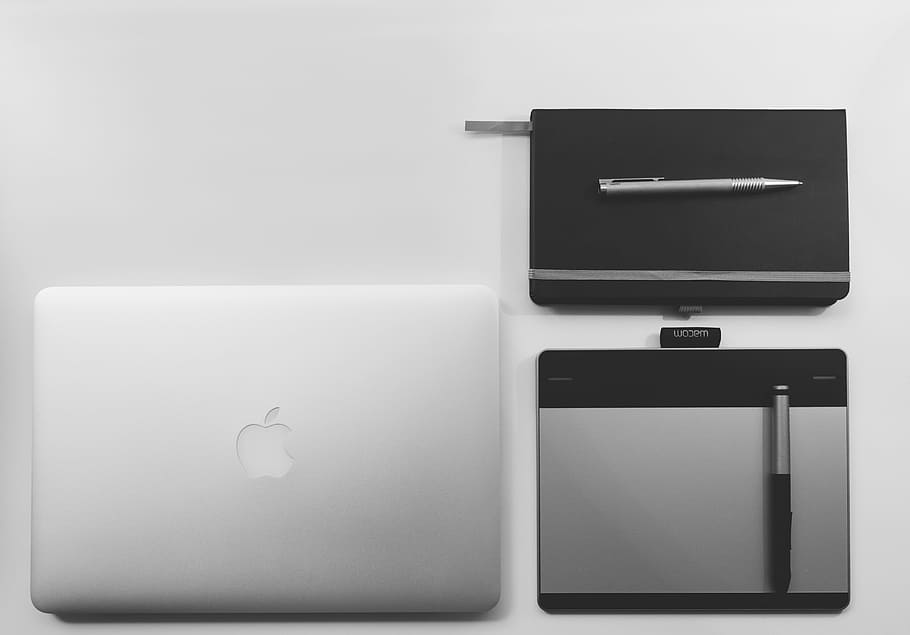 silver MacBook beside pentab, laptop, computer, tablet, technology HD wallpaper
