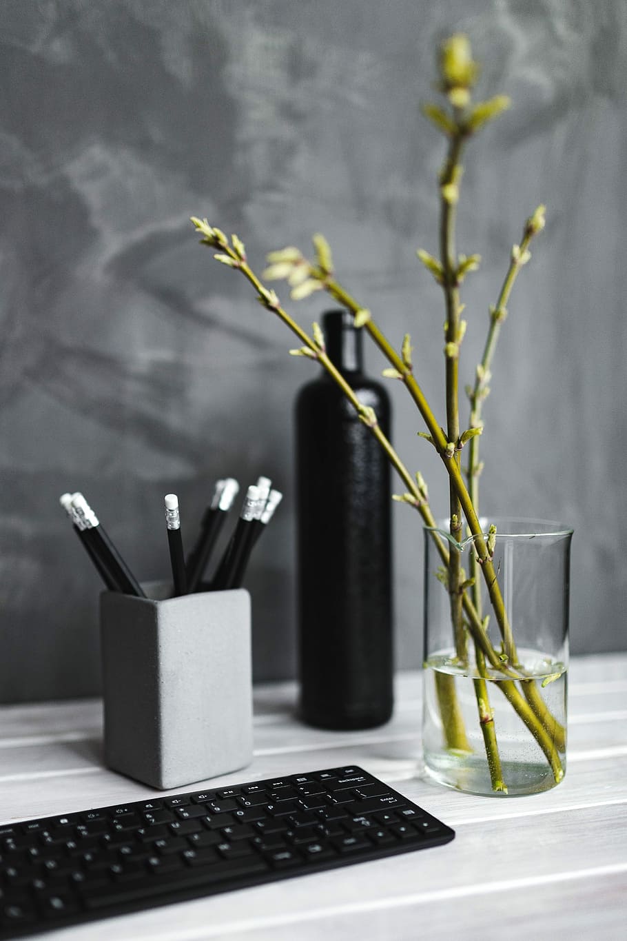 Black keyboard with pencils on a white table, bottle, plant, no People HD wallpaper