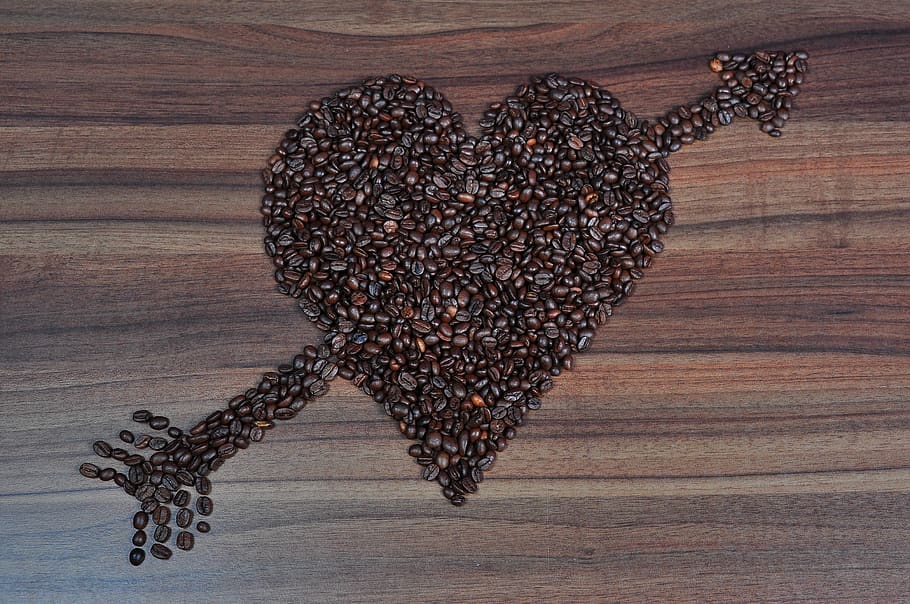 coffee, coffee beans, coffee pictures, love, amor, heart, arrow, HD wallpaper