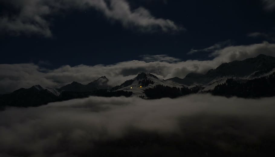 night, landscape, mountains, alpine, snow, winter, moonlight HD wallpaper
