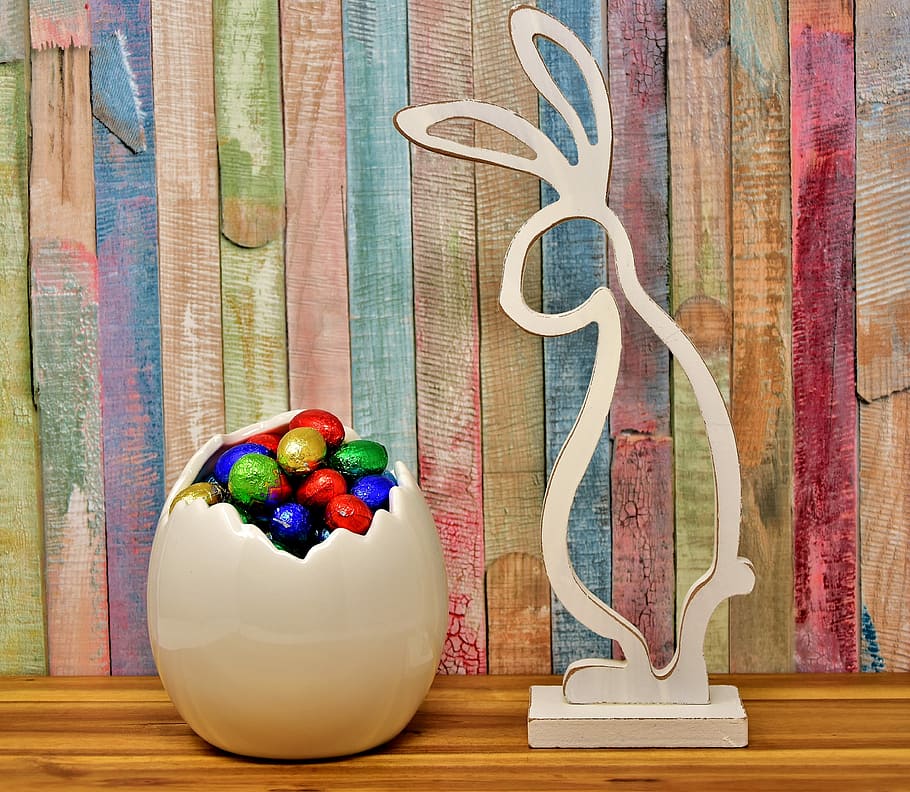 white wooden rabbit and assorted-color eggs, easter, easter bunny HD wallpaper