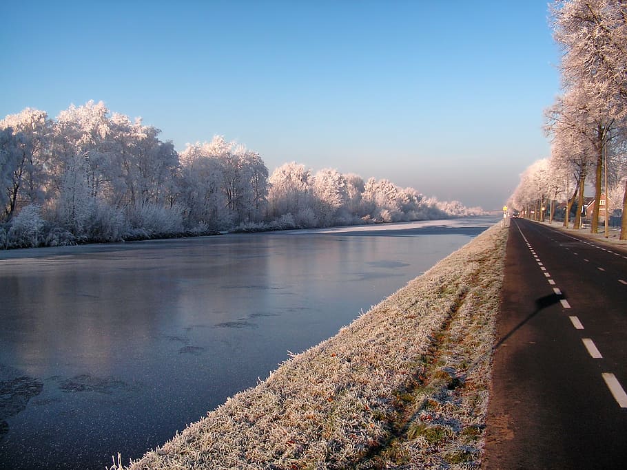 netherlands, sky, clouds, winter, snow, ice, river, water, trees HD wallpaper