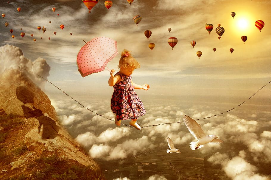 girl walking on black string painting, child, labor, sky, clouds HD wallpaper