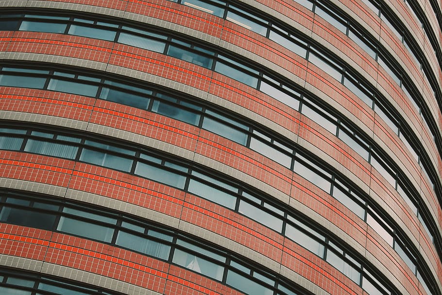red and clear concrete glass building low angle photography, architectural photography of building HD wallpaper