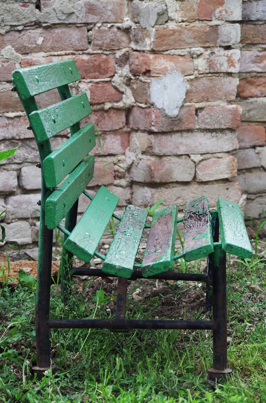 old, bench, odratá, destroyed, wall, brick, seat, green color HD wallpaper