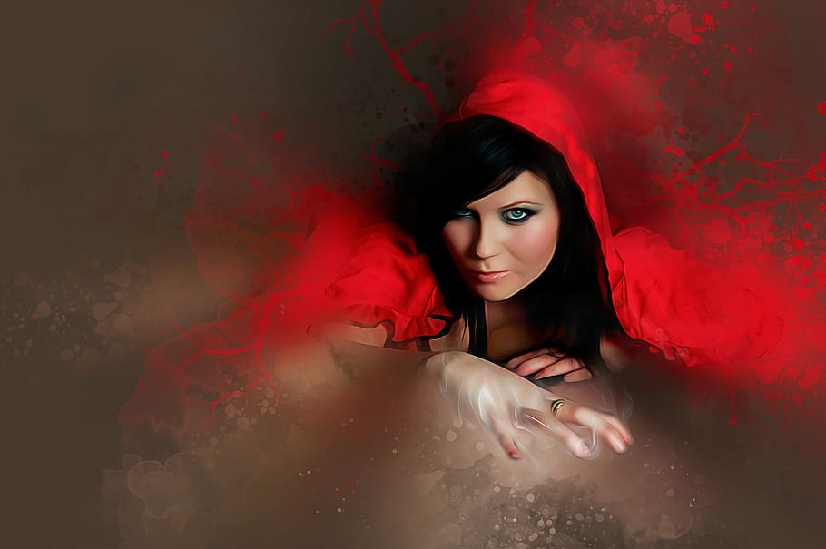 woman wearing red hood digital wallpaper, girl, female, young