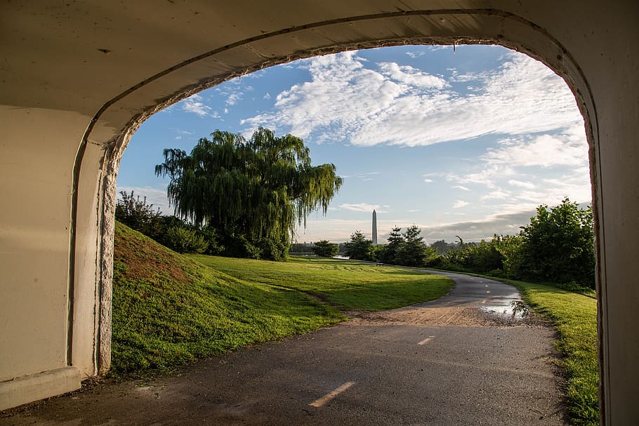 bridge, view, washington, c, monument, landmark, clouds, trail HD wallpaper