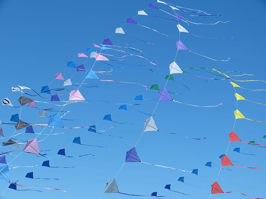 sky, wind, kite, blue, low angle view, no people, nature, clear sky HD wallpaper