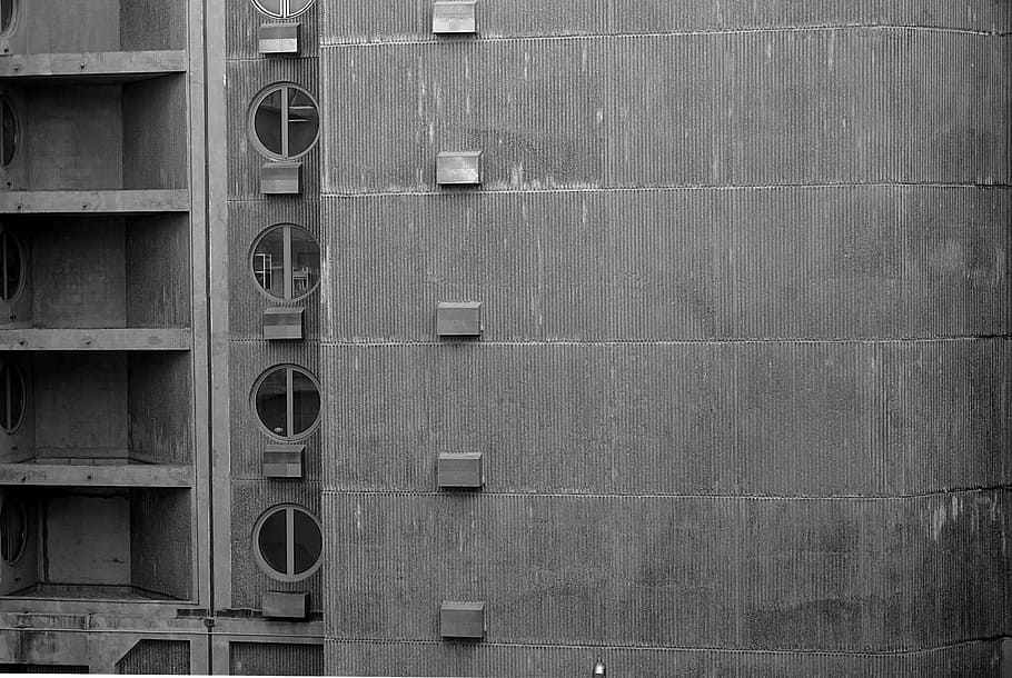 building, concrete, architecture, facade, black and white, city HD wallpaper