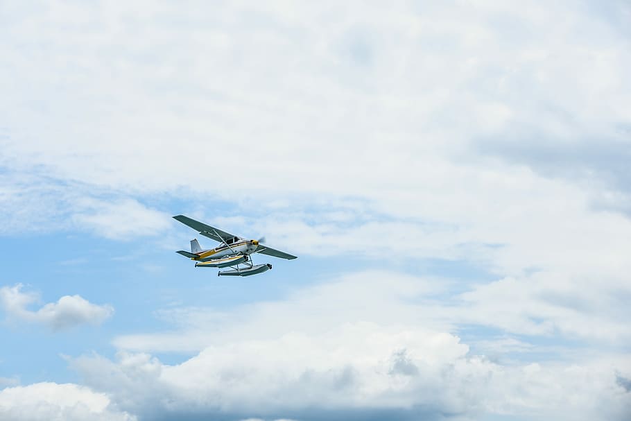 seaplane flying during daytime, white monoplane flying on the sky HD wallpaper