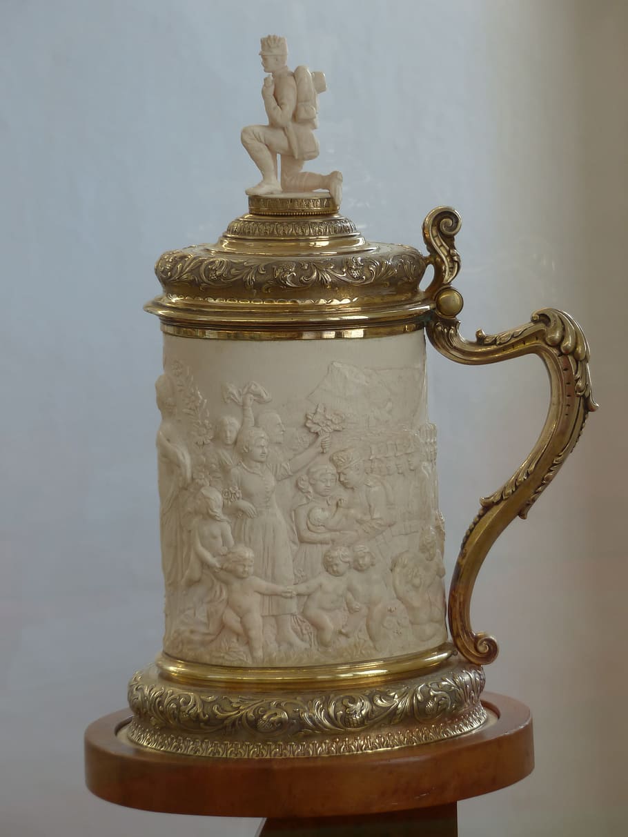 ceremonial jug, krug, drinking cup, ivory, gilded, indoors, HD wallpaper