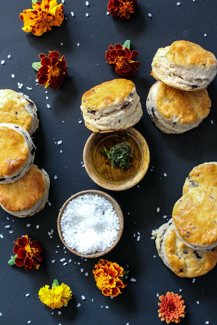pastries on black wood, scones, biscuits, herbs, salt, meal HD wallpaper
