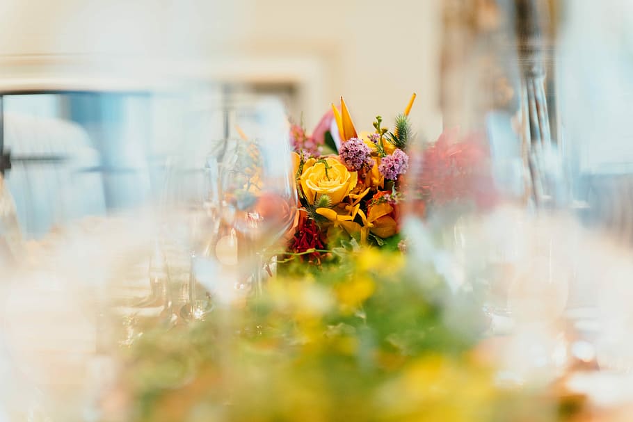 shallow focus photography of assorted-color flowers in vase, tilt shift lens photography of flower centerpiece, HD wallpaper