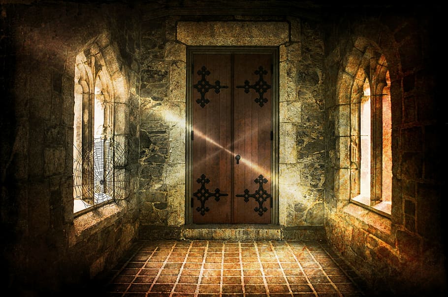 brown wooden door closed in golden hour photography, haunted castle