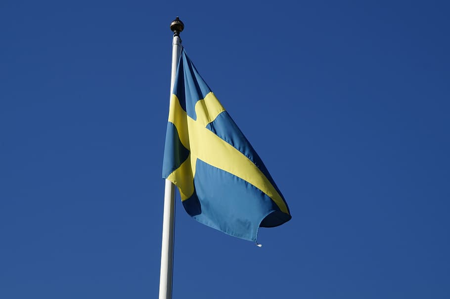 sweden, flag, blow, wind, sky, blue, yellow, clear sky, low angle view HD wallpaper