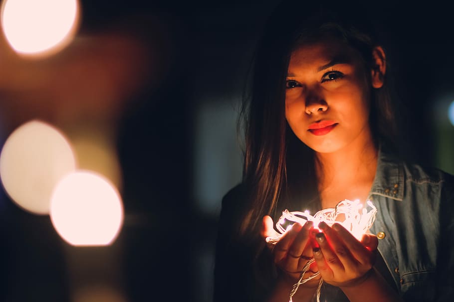 woman holding LED lights, portrait, bokeh, lip, eye, girl, night, HD wallpaper