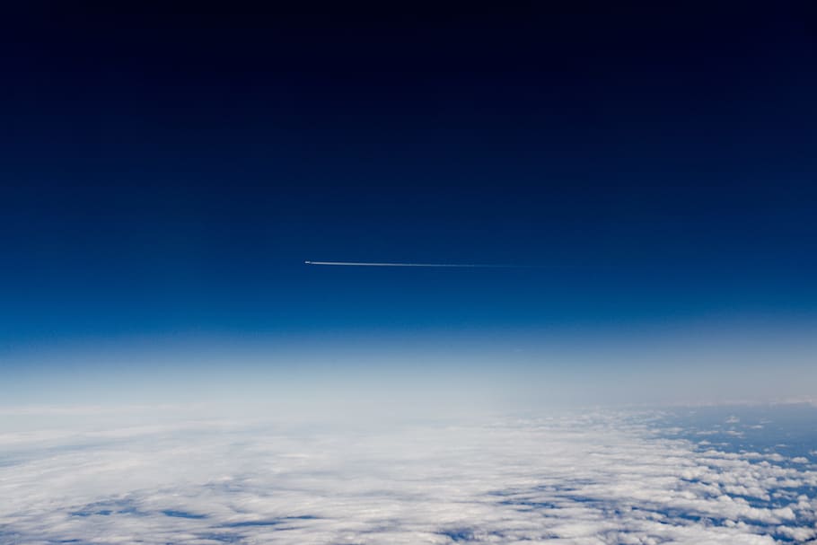 blue sky over white clouds, untitled, airplane, contrails, fly HD wallpaper