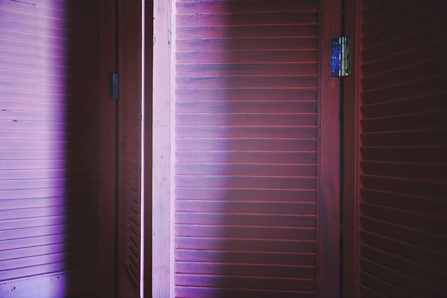 pink wooden room divider, white wooden cabinet, shutters, door HD wallpaper
