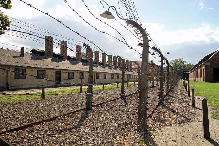 architectural photography of fences, Auschwitz, Poland, War HD wallpaper