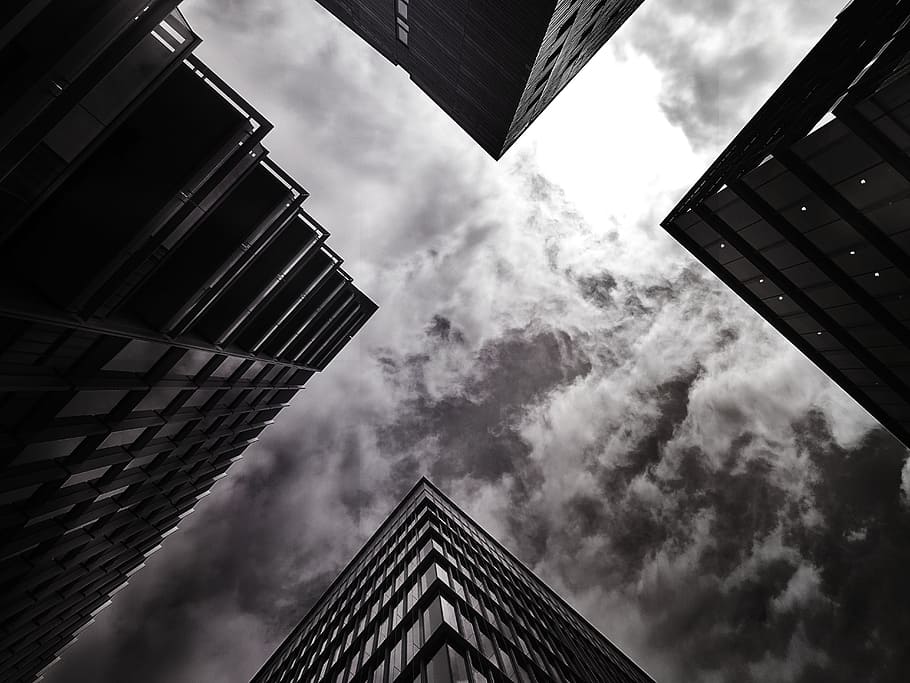 black-and-white, city, sky, clouds, architectural design, buildings, HD wallpaper