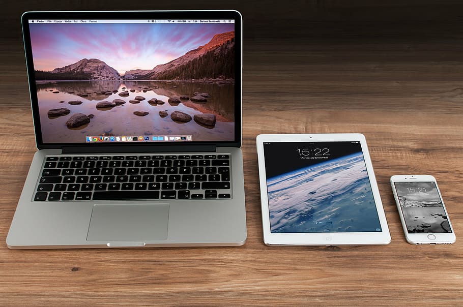MacBook Pro. white iPad, and gold iPhone 6, office, lancer, computer, HD wallpaper