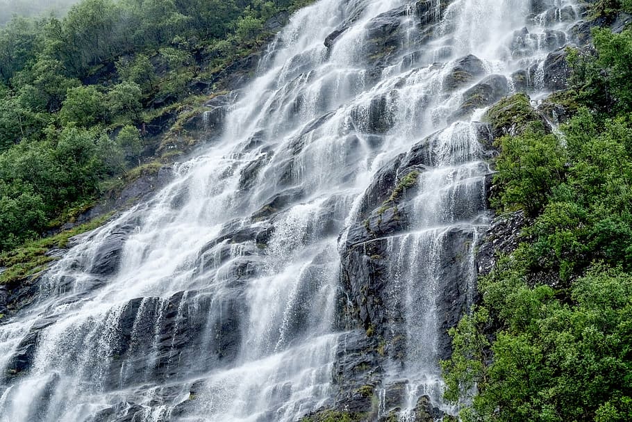 waterfalls, nature, rocks, plants, trees, green, river, forest HD wallpaper