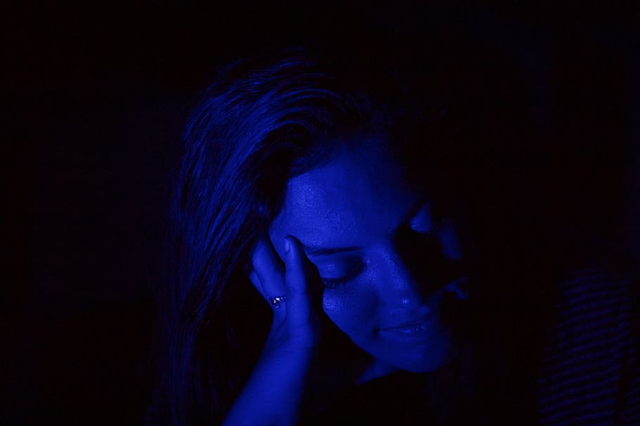 HD wallpaper: woman's face, blue, portrait, female, neon, night, dark ...