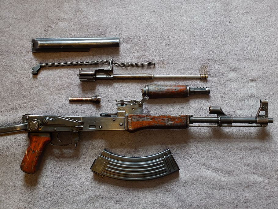 disassembled gray and brown rifle, ak47, terror, terrorism, military, HD wallpaper
