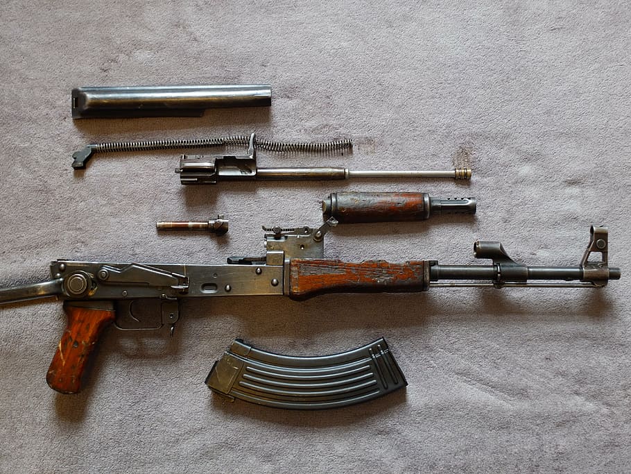 disassembled gray and brown rifle, ak47, terror, terrorism HD wallpaper