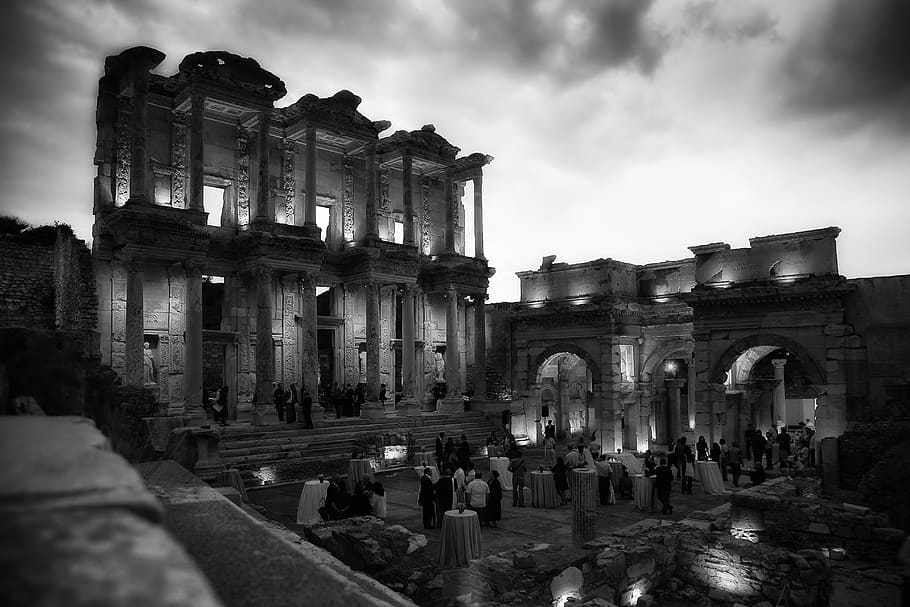 grayscale photography of temple, celsus library, ephesus, turkey, HD wallpaper