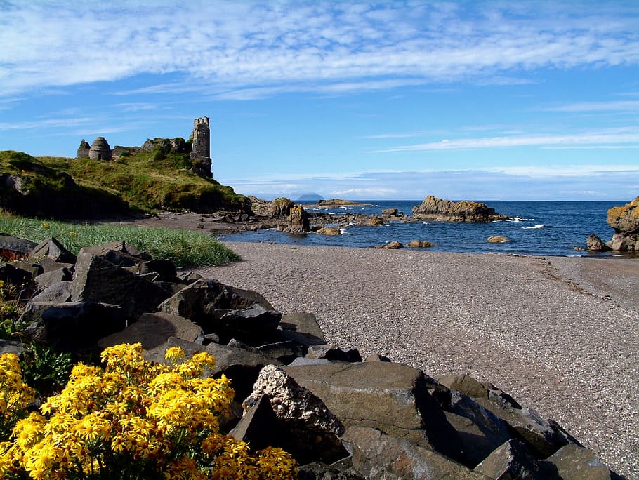 scotland, ayrshire, dunure castle, beach, sea, meadow, water, HD wallpaper