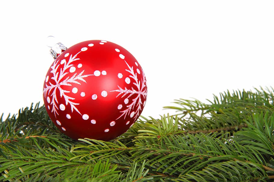 red and white Christmas tree ball decor, background, bauble HD wallpaper