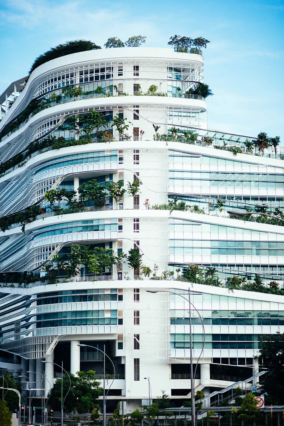 white concrete building, white and blue glass building facade HD wallpaper