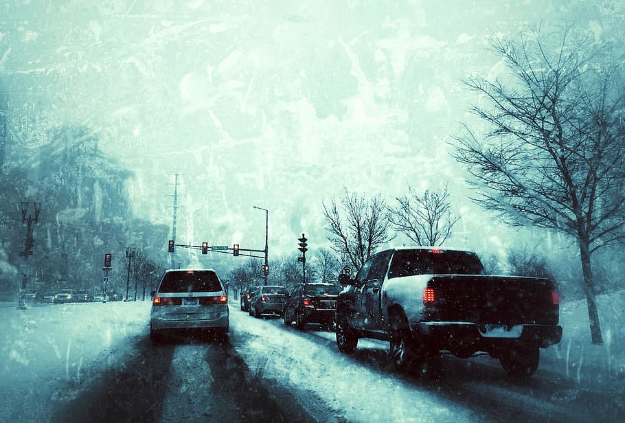 vehicles stopped in front of traffic light, driving, winter HD wallpaper