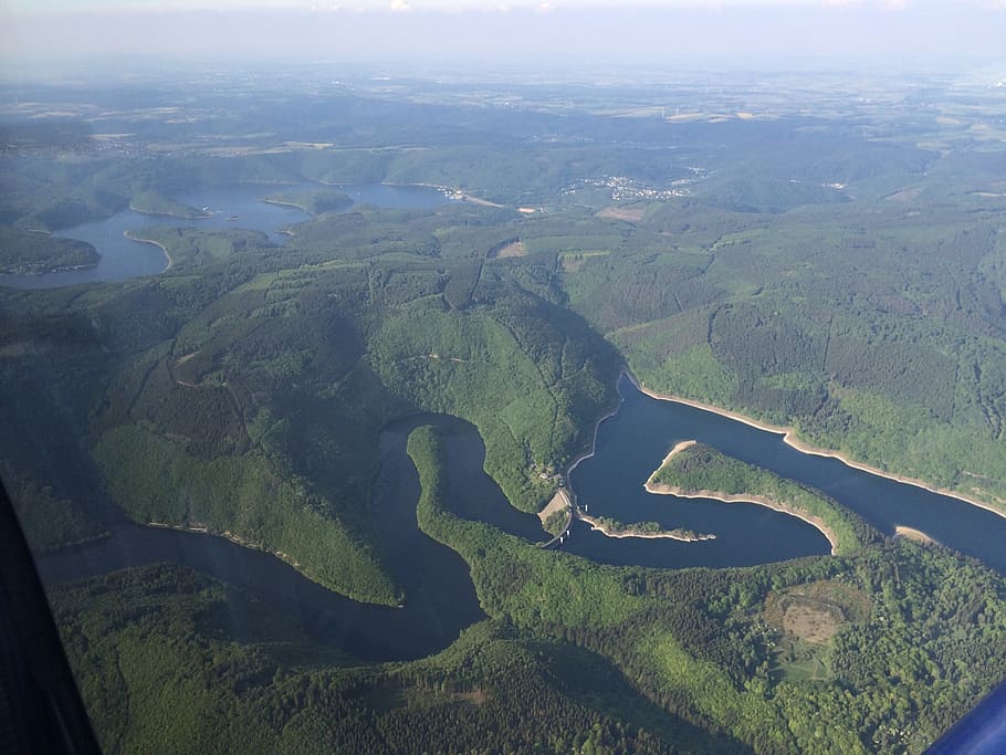 fly, landscape, lake, eifel, aerial view, nature, mountains HD wallpaper