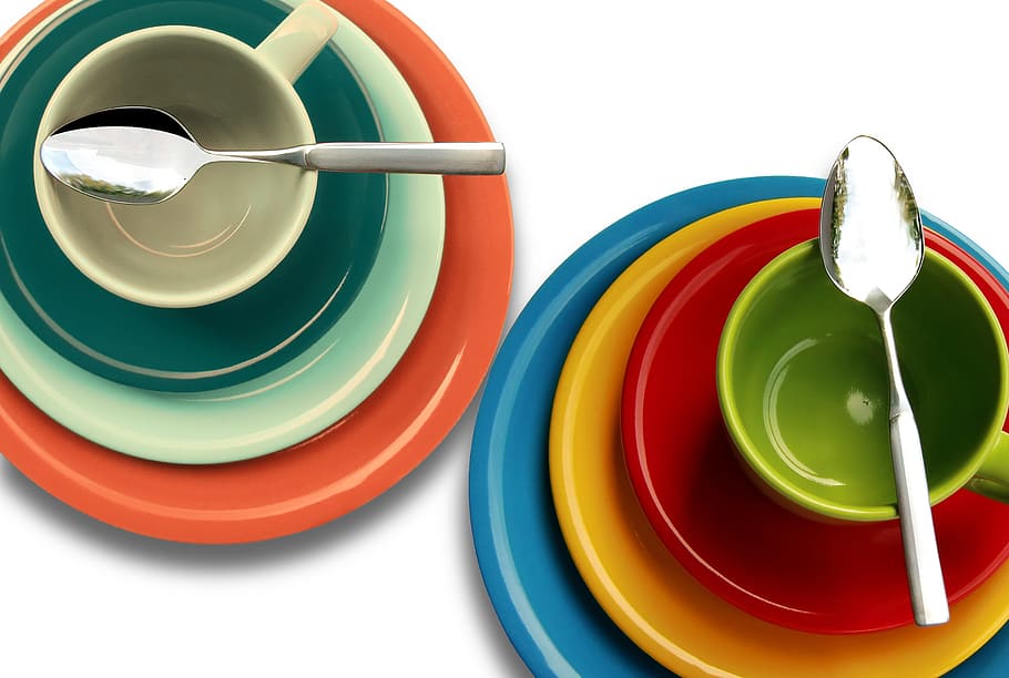photo of assorted-color of plates, bowls, saucers, and cups with stainless steel spoons, HD wallpaper